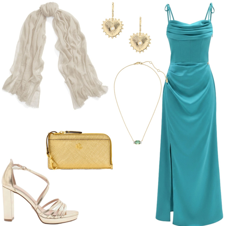 Outfit donna - L\'abito protagonista. Stile Glamour per Cerimonia. Abbinamento con sciarpe, sandali col tacco, vestiti lunghi, orecchini, portafogli, collane.