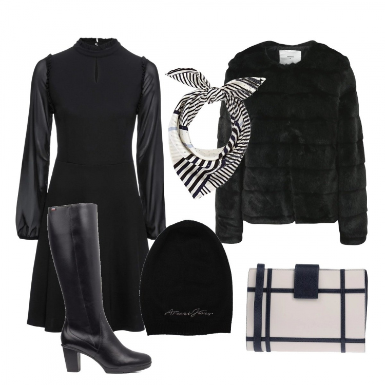 Outfit donna - Tra bianco e nero. Stile Trendy per Serata fuori. Abbinamento con vestito con spacco e ruches con scollo jersey nero, borsa a mano taglia media con zip interno foderato tinta unita, ecopelliccia, cappello, stivali con zip, foulard in seta.