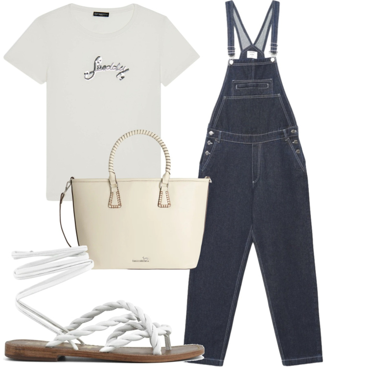 Outfit donna - Total look #2400380. Stile Casual per Tutti i giorni. Abbinamento con salopette, shopping bag, t-shirt, sandali in pelle.