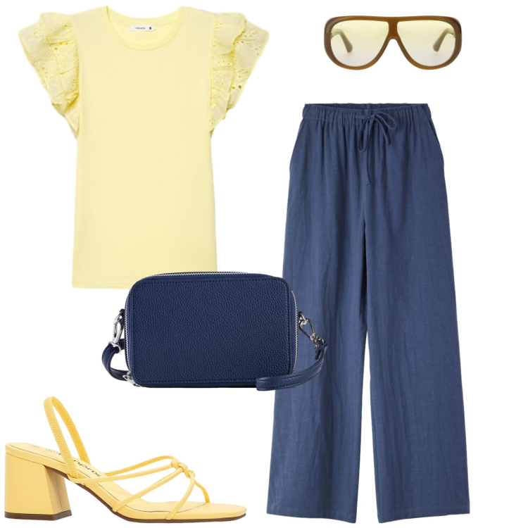 Outfit donna - Total look #2400381. Stile Basic per Tutti i giorni. Abbinamento con sandali col tacco, borse a tracolla, t-shirt, pantaloni, occhiali da sole.