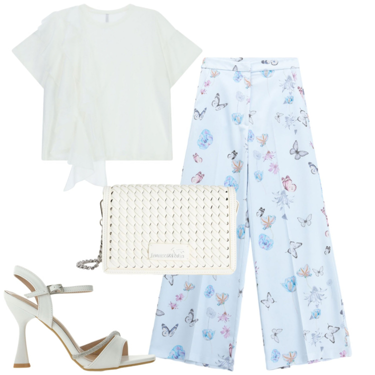 Outfit donna - Total look #2400382. Stile Romantica per Tutti i giorni. Abbinamento con borse a tracolla, pantaloni a palazzo, t-shirt, sandali gioiello.