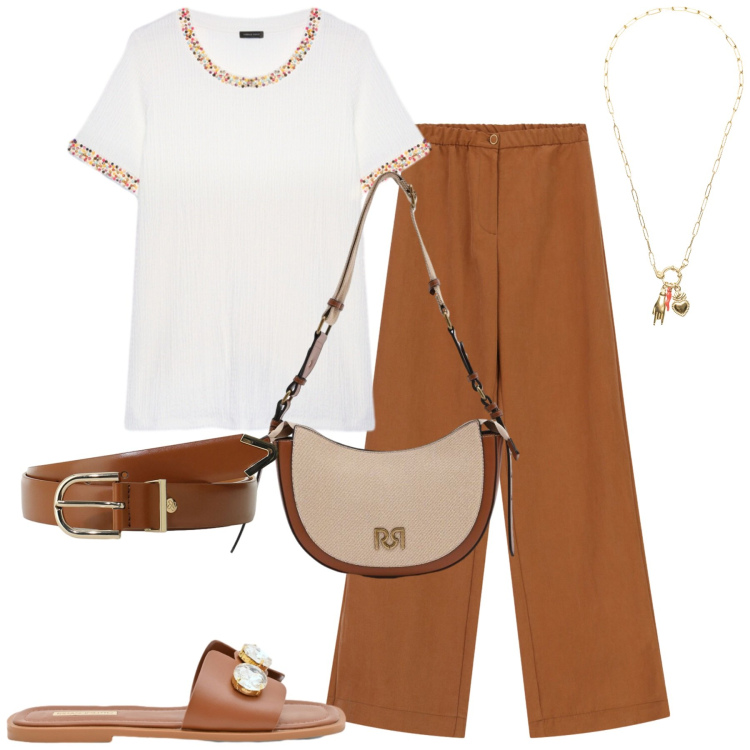 Outfit donna - Maggio. Stile Urban per Tutti i giorni. Abbinamento con pantaloni a palazzo, cinture, borse a tracolla, sandali gioiello, t-shirt, ciondoli.