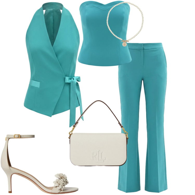 Outfit donna - L\' invitata perfetta. Stile Chic per Cerimonia. Abbinamento con pantaloni a palazzo, gilet, top, ciondoli, borse a spalla, sandali in pelle.