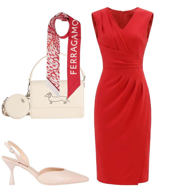 Outfit donna - Il tubino rosso. Stile Bon Ton per Tutti i giorni. Abbinamento con décolleté, sciarpe, borse a tracolla, vestiti asimmetrici.
