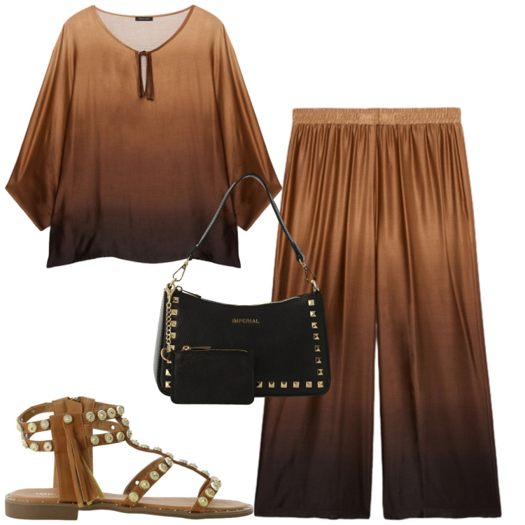 Outfit donna - Fiorella Rubino. Stile Casual chic per Tutti i giorni. Abbinamento con borse a spalla, sandali, bluse, pantaloni a palazzo.