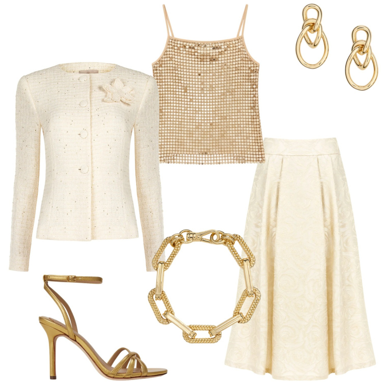 Outfit donna - L\' invitata perfetta. Stile Chic per Cerimonia. Abbinamento con gonne longuette, blazer, canottiere, orecchini, braccialetti, sandali in pelle.