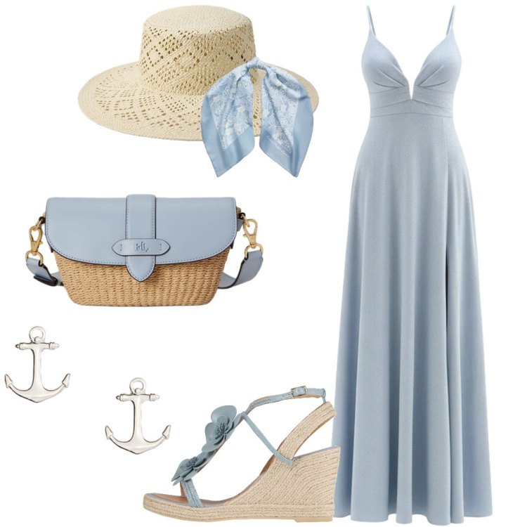 Outfit donna - Cerimonia in spiaggia. Stile Glamour per Cerimonia. Abbinamento con espadrillas, vestiti lunghi, borse a spalla, foulard, orecchini, cappelli.