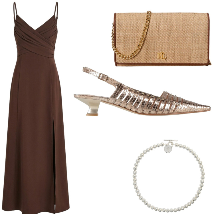 Outfit donna - Dettagli in oro. Stile Chic per Cerimonia. Abbinamento con décolleté, vestiti lunghi, collane, borse a tracolla.