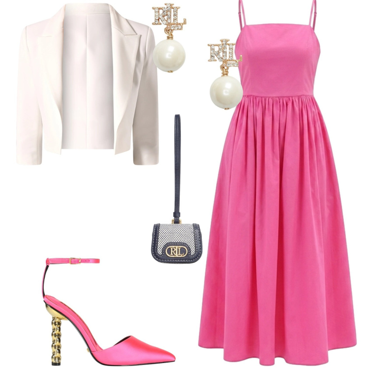 Outfit donna - Romantica cerimonia evento serata. Stile Romantica per Cerimonia. Abbinamento con décolleté, blazer, vestiti midi/longuette, orecchini, pochette.