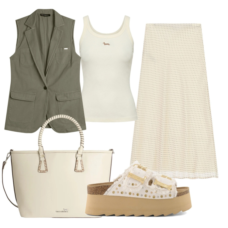 Outfit donna - Total look #2400416. Stile Casual chic per Ufficio. Abbinamento con shopping bag, canottiere, gonne lunghe, gilet, zeppe.