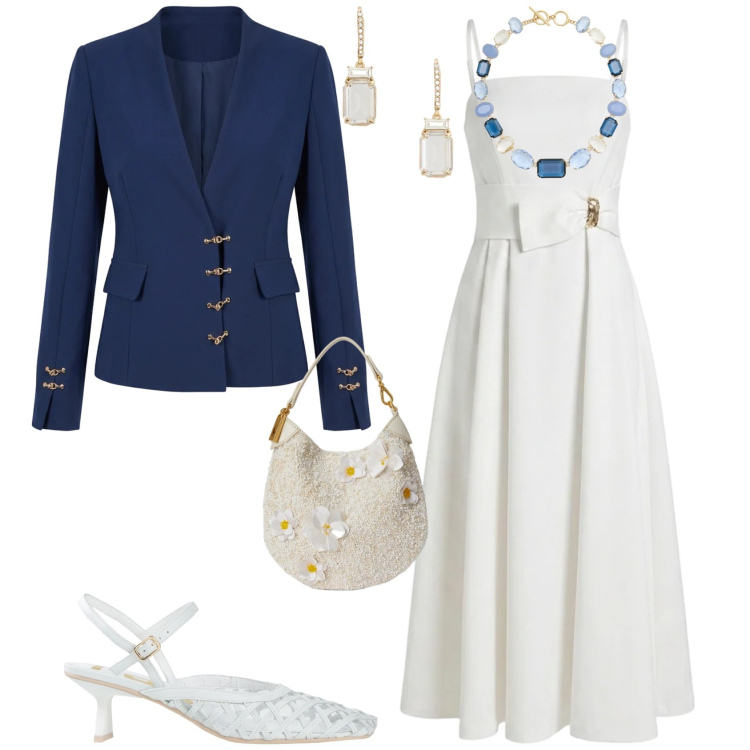 Outfit donna - Chic cerimonia evento serata. Stile Chic per Cerimonia. Abbinamento con décolleté, blazer, vestiti asimmetrici, orecchini, pochette, collane.