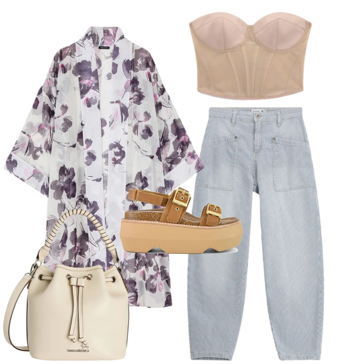 Outfit donna - Look da aperitivo primaverile. Stile Casual chic per Tutti i giorni. Abbinamento con borse a secchiello, jeans, top, caftani, sandali col tacco.