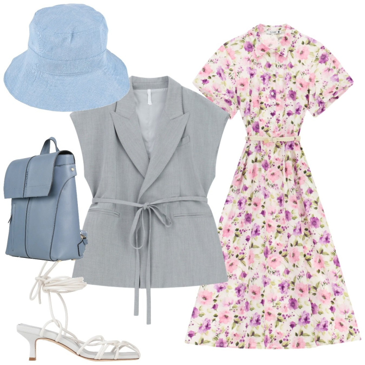 Outfit donna - Sotto il sole. Stile Boho per Mare. Abbinamento con cappelli, zaini, sandali col tacco, vestiti midi/longuette, gilet.