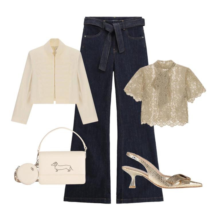 Outfit donna - Aperitivo primaverile. Stile Casual chic per Serata fuori. Abbinamento con décolleté, borse a tracolla, jeans a zampa, blazer, top.