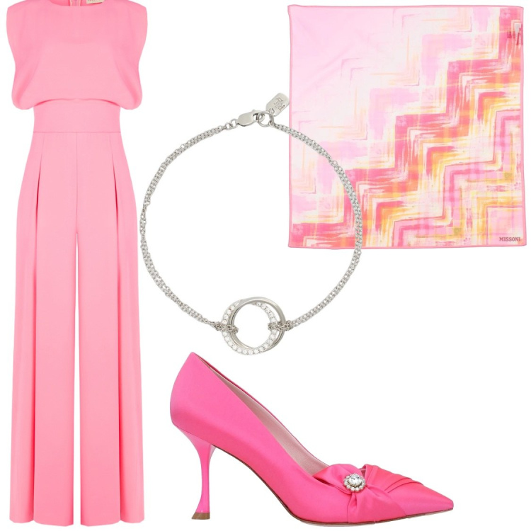 Outfit donna - La tuta elegante. Stile Chic per Cerimonia. Abbinamento con décolleté, sciarpe, tute, braccialetti.
