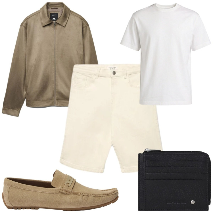 Outfit uomo - Total look #2400432. Stile Casual per Tutti i giorni. Abbinamento con giacche, shorts, t-shirt, scarpe stringate, portafogli.