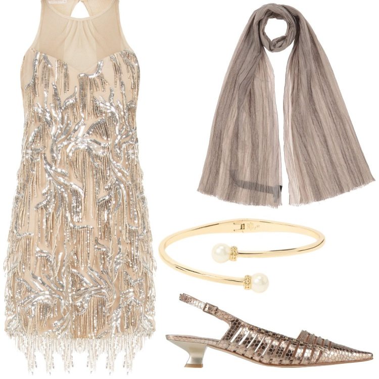 Outfit donna - Vestito corto. Stile Glamour per Cerimonia. Abbinamento con décolleté, sciarpe, vestiti corti, braccialetti.