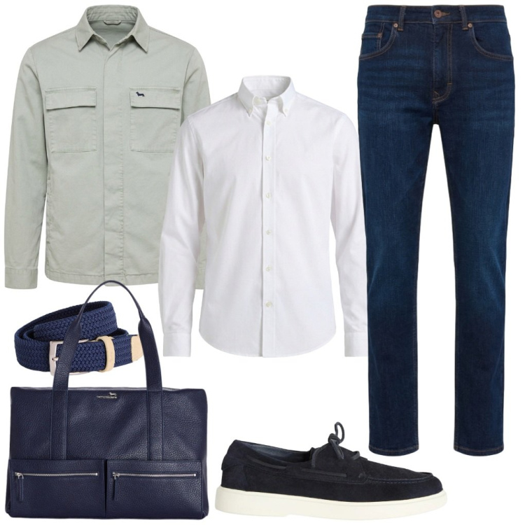 Outfit uomo - 94. Prima di partire. Stile Casual per Ufficio. Abbinamento con cinture, scarpe stringate, borse sportive, jeans, giacche, camicie.