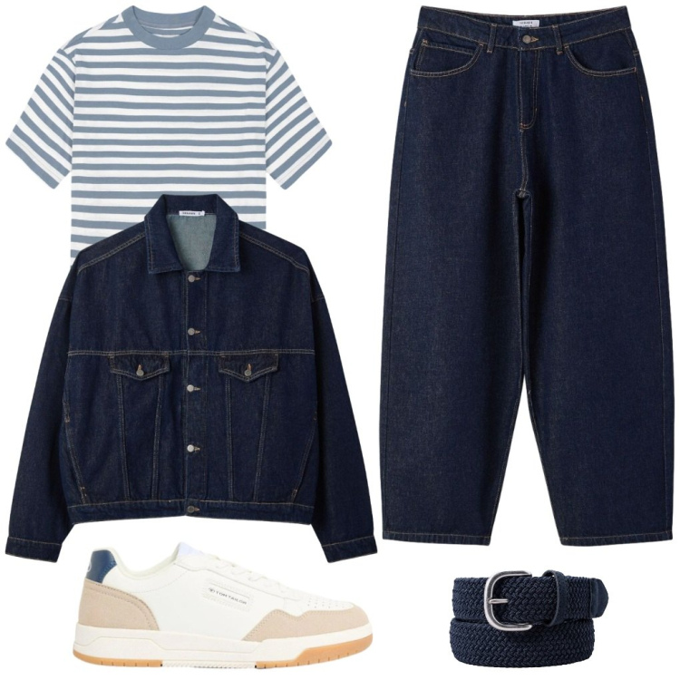 Outfit uomo - 95. T-shirt a righe. Stile Urban per Tutti i giorni. Abbinamento con sneakers, cappotti, jeans, cinture, t-shirt.