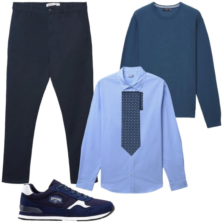 Outfit uomo - 96. Cielo. Stile Casual per Ufficio. Abbinamento con sneakers, camicie, maglieria, pantaloni chino, cravatte.