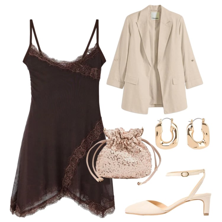 Outfit donna - Pronta per l\'aperitivo. Stile Chic per Serata fuori. Abbinamento con orecchini, blazer, décolleté, vestiti corti, pochette.