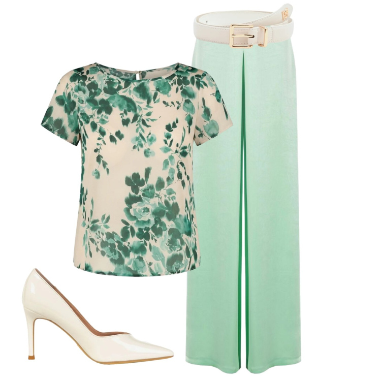Outfit donna - Fresh Elegance like Fresh Mint. Stile Chic per Cerimonia. Abbinamento con décolleté, pantaloni a palazzo, bluse, cinture.