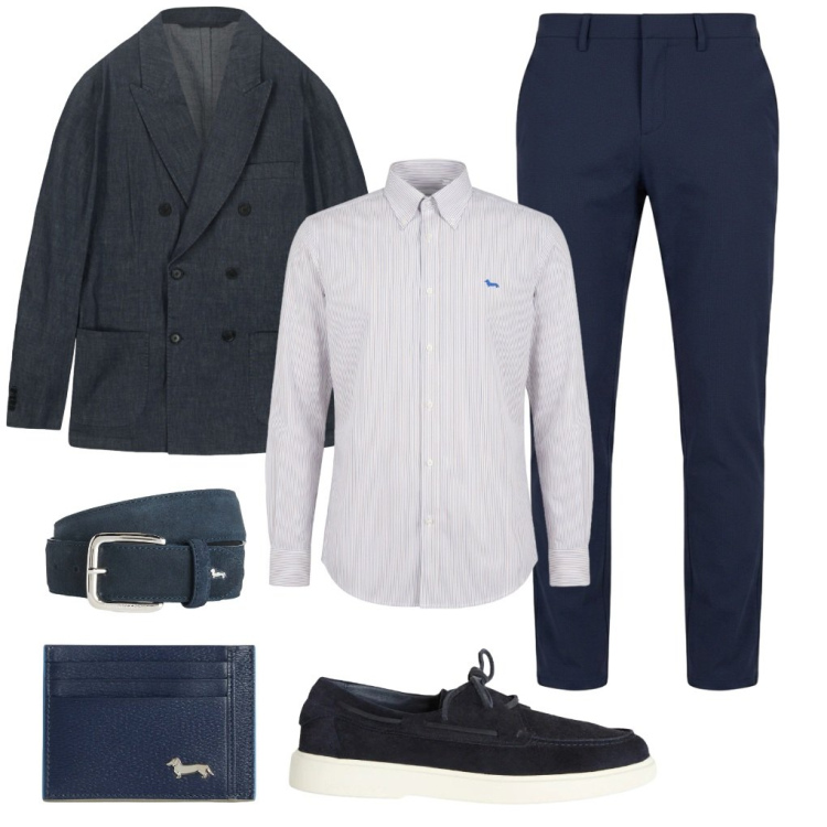 Outfit uomo - 97. Ufficio in blu. Stile Casual per Ufficio. Abbinamento con scarpe stringate, cinture, portafogli, camicie, pantaloni chino, giacche.