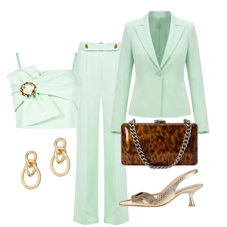 Outfit donna - Maggio. Stile Chic per Cerimonia. Abbinamento con décolleté, pantaloni, top, blazer, orecchini, clutch.
