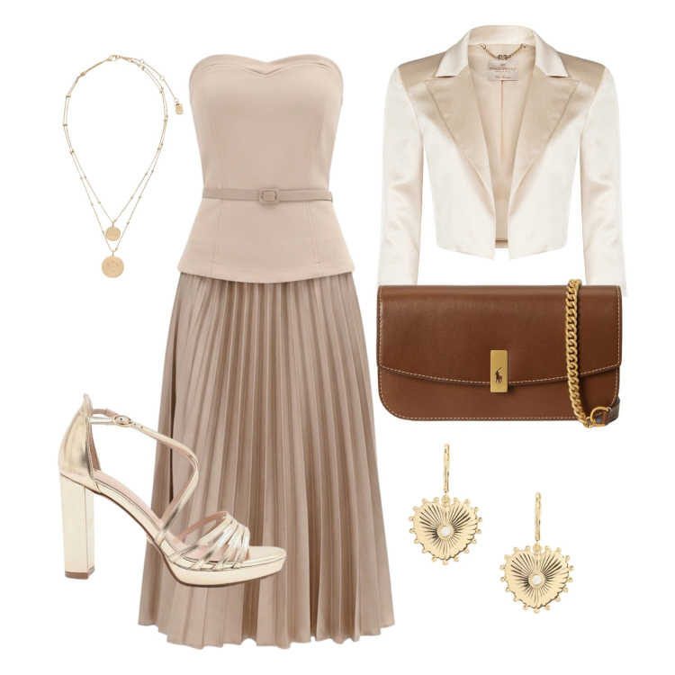 Outfit donna - Maggio. Stile Chic per Cerimonia. Abbinamento con bolero, sandali col tacco, vestiti midi/longuette, ciondoli, clutch, orecchini.