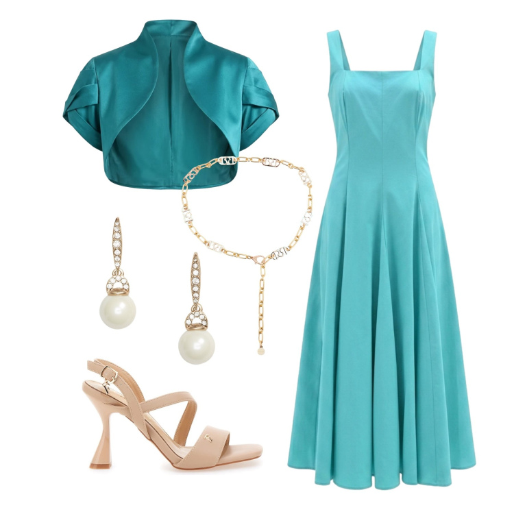 Outfit donna - Maggio. Stile Chic per Cerimonia. Abbinamento con vestiti midi/longuette, cinture, bolero, orecchini, sandali col tacco.