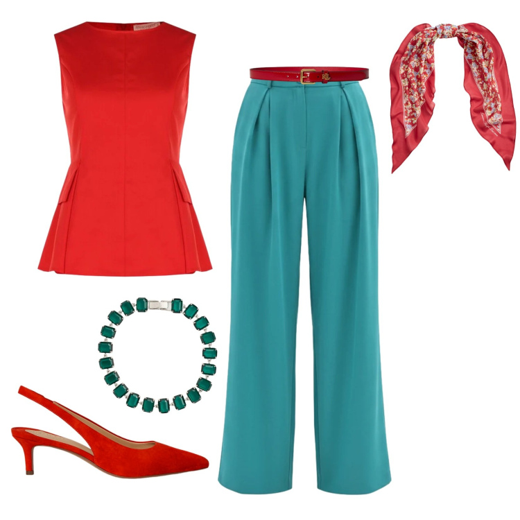 Outfit donna - Powerful Bicolor. Stile 70s per Cerimonia. Abbinamento con canottiere, pantaloni a palazzo, décolleté, braccialetti, foulard, cinture.