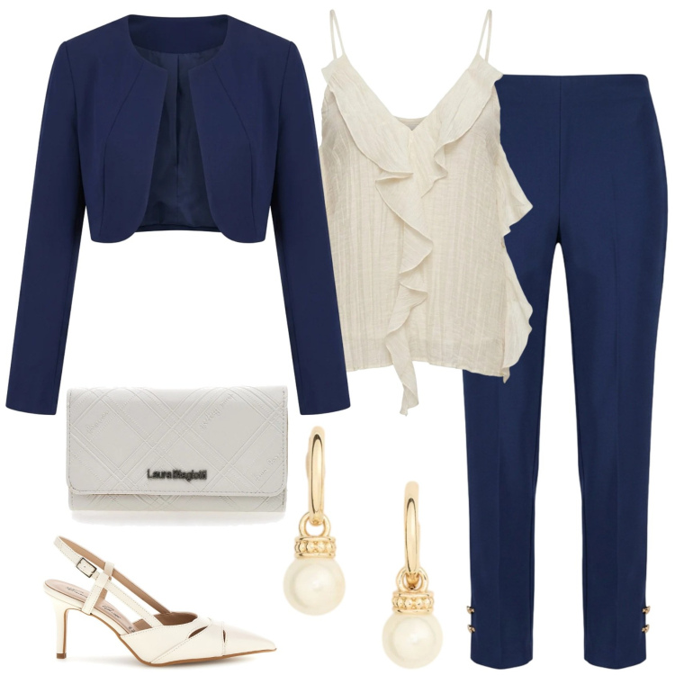 Outfit donna - Completo pantaloni. Stile Chic per Cerimonia. Abbinamento con bolero, pantaloni, top, orecchini, portafogli, décolleté.
