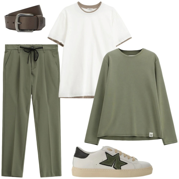 Outfit uomo - 99. Verde salvia. Stile Urban per Tutti i giorni. Abbinamento con felpe, t-shirt, sneakers, pantaloni, cinture.