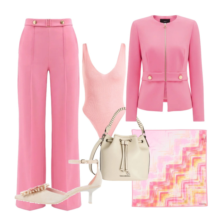 Outfit donna - Maggio in rosa. Stile Chic per Cerimonia. Abbinamento con sciarpe, décolleté, body, borse a secchiello, blazer, pantaloni a palazzo.