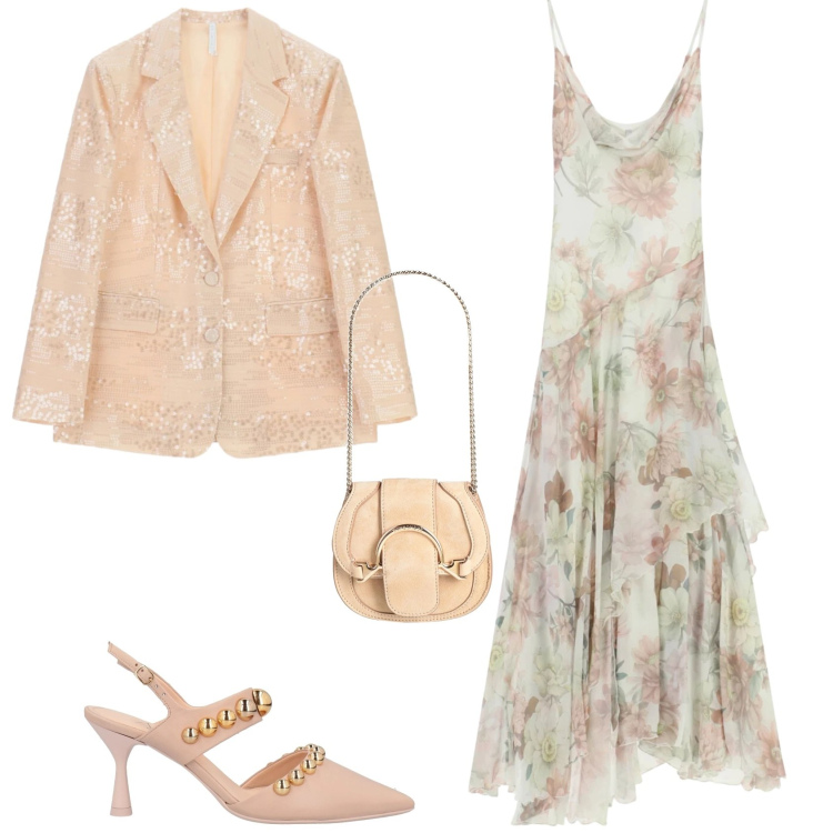 Outfit donna - Romantica chic cerimonia evento. Stile Romantica per Cerimonia. Abbinamento con décolleté, marsupi, blazer, vestiti lunghi.