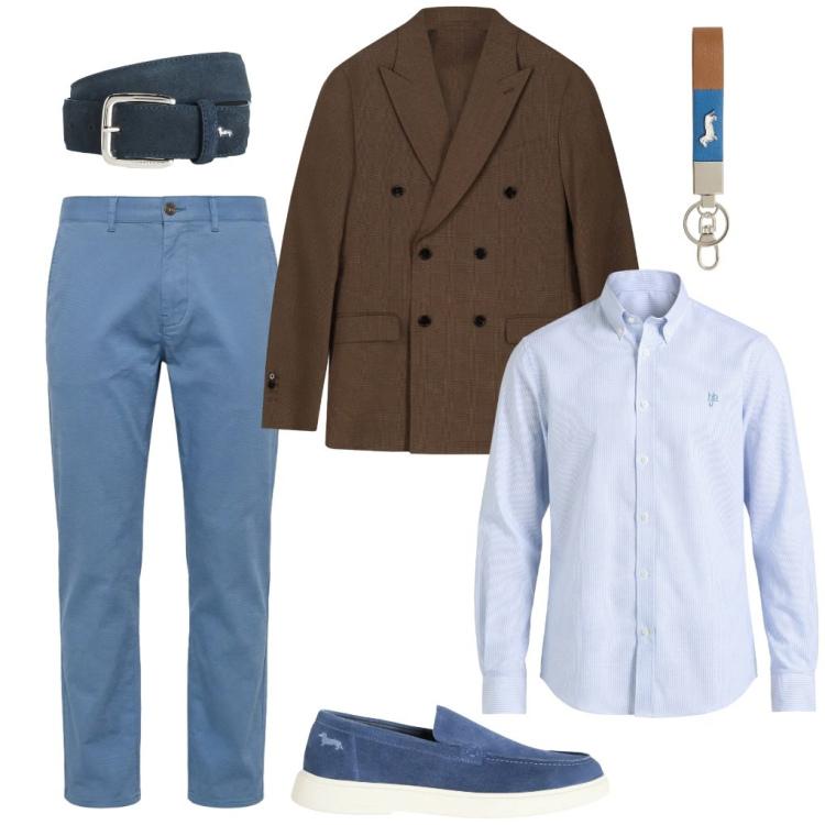 Outfit uomo - 101. Ufficio spezzato. Stile Casual per Ufficio. Abbinamento con portachiavi, cinture, pantaloni, camicie, scarpe stringate, giacche.