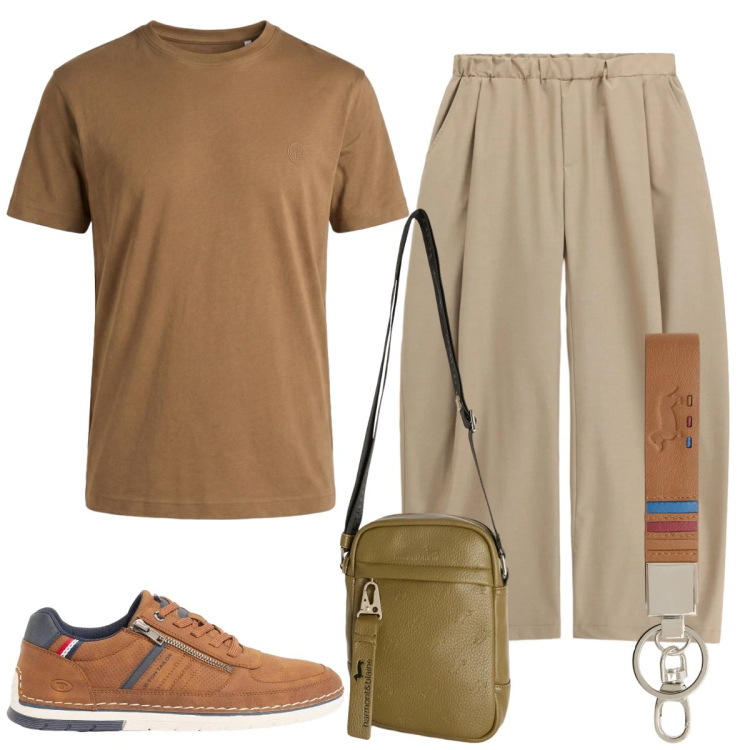 Outfit uomo - Sabbia e terra. Stile Casual per Tutti i giorni. Abbinamento con sneakers, pantaloni, portachiavi, borse sportive, t-shirt.