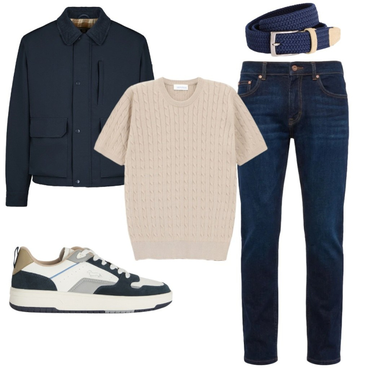 Outfit uomo - 102. T-shirt in filo. Stile Casual per Ufficio. Abbinamento con t-shirt, cinture, jeans, sneakers, piumini.