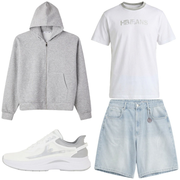 Outfit uomo - 104. Torno subito. Stile Urban per Tutti i giorni. Abbinamento con felpe con cappuccio, bermuda, t-shirt, sneakers.