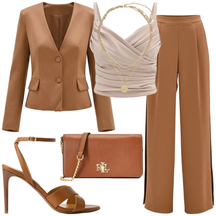 Outfit donna - Cerimonia in marrone caldo. Stile Minimal per Cerimonia. Abbinamento con canottiere, blazer, pantaloni a palazzo, borse a mano, ciondoli, sandali col tacco.