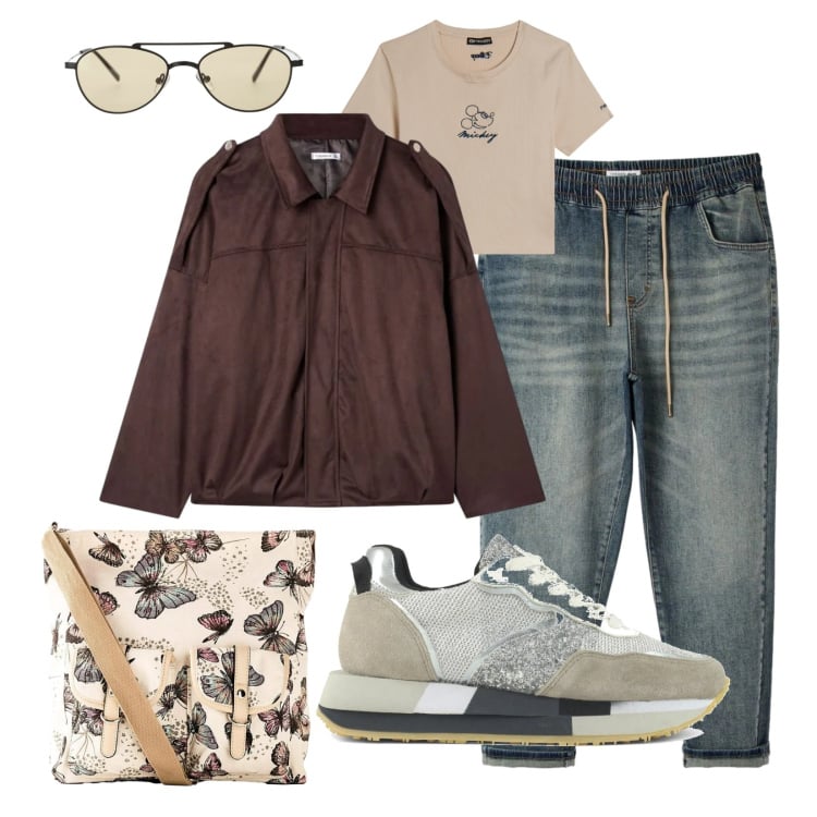 Outfit donna - Chill. Stile Casual chic per Tutti i giorni. Abbinamento con borse a tracolla, jeans, cappotti, occhiali da sole, t-shirt, sneakers.