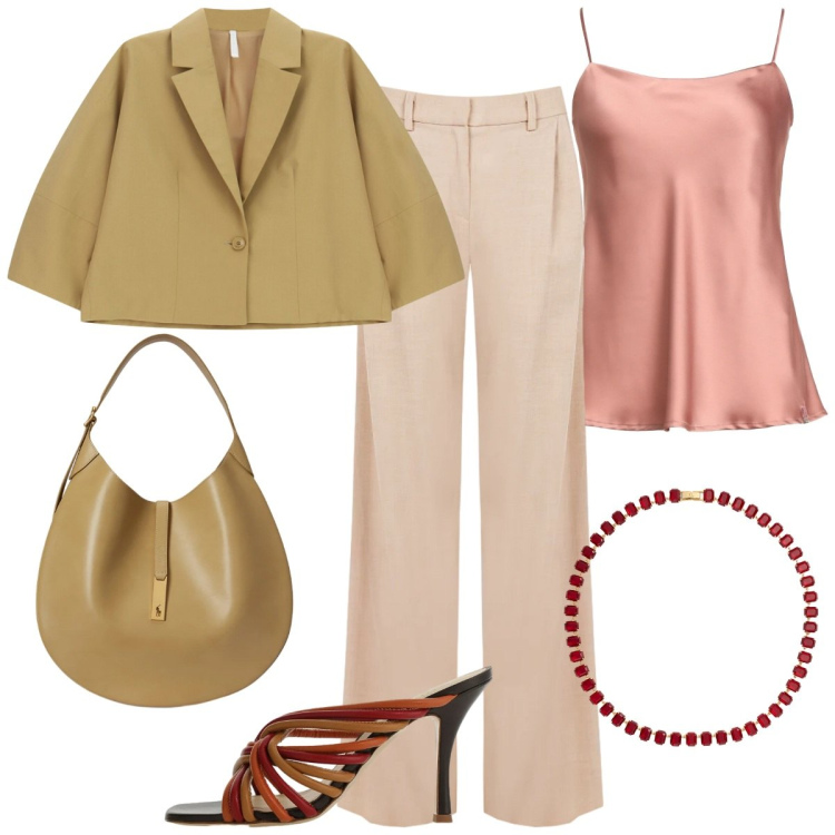 Outfit donna - Dettagli pastello. Stile Bon Ton per Cerimonia. Abbinamento con top, blazer, pantaloni a palazzo, sandali, borse a spalla, collane.