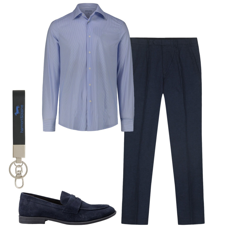 Outfit uomo - La camicia a righine. Stile Urban per Tutti i giorni. Abbinamento con portachiavi, pantaloni, scarpe stringate, camicie.