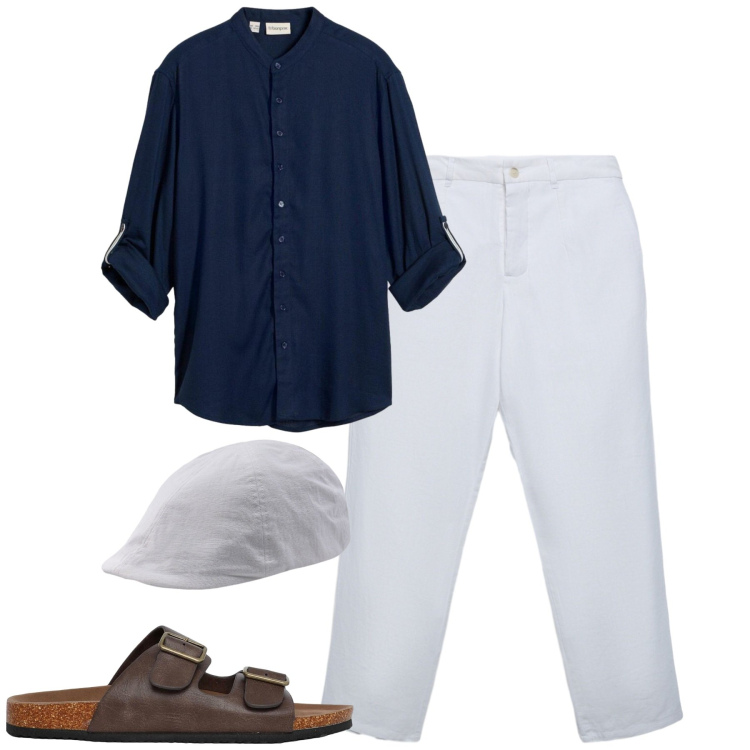 Outfit uomo - Weekend. Stile Casual per Tutti i giorni. Abbinamento con camicie, pantaloni chino, sandali, cappelli con visiera.