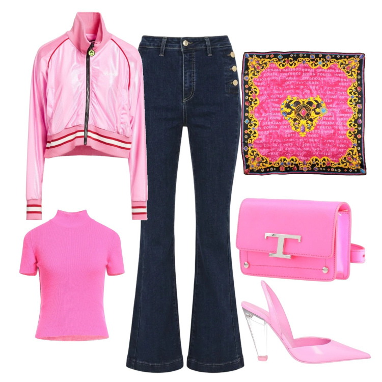 Outfit donna - Rosa e denim. Stile Sporty chic per Serata fuori. Abbinamento con maglieria, marsupi, décolleté, sciarpe, felpe, jeans a zampa.