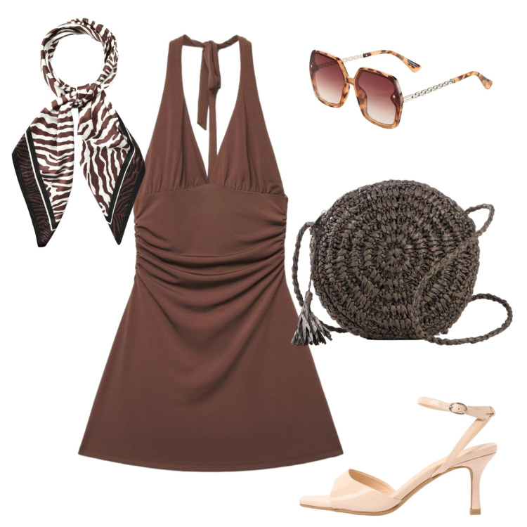 Outfit donna - Un gelato a passeggio. Stile Etnico per Tutti i giorni. Abbinamento con occhiali da sole, sandali col tacco, borse a tracolla, foulard, vestiti corti.