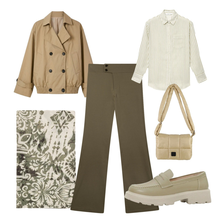 Outfit donna - Dettaglio foulard. Stile Casual per Tutti i giorni. Abbinamento con mocassini, pantaloni, camicie, trench, foulard, borse a spalla.