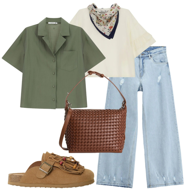 Outfit donna - Maggio. Stile Casual per Tutti i giorni. Abbinamento con borse a spalla, camicie a manica corta, top, jeans, sabot.