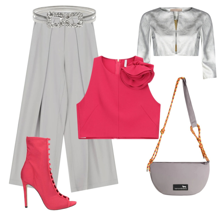 Outfit donna - Silver and pink. Stile Glamour per Serata fuori. Abbinamento con stivaletti, borse a tracolla, top, pantaloni a palazzo, bolero, cinture.