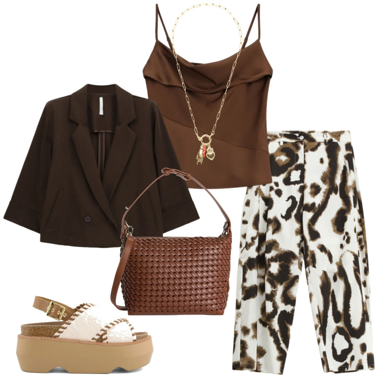 Outfit donna - Total look #2400491. Stile Trendy per Tutti i giorni. Abbinamento con borse a spalla, pantaloni, canottiere, blazer, ciondoli, zeppe.